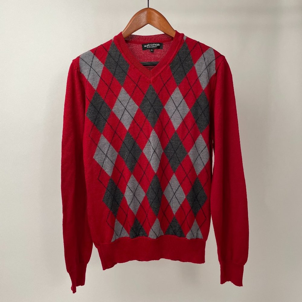Marco Fiori Merino Wool V Neck Argyle Sweater, Made in Italy, Size M